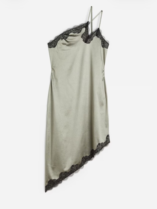 H&M Dresses & Skirts - H&M - Sage Green Asymmetrical Slip Dress with Black Lace Trim